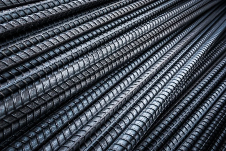 Detailed view of ribbed high-ductility reinforcing steel bars (rebars) for construction and structural applications